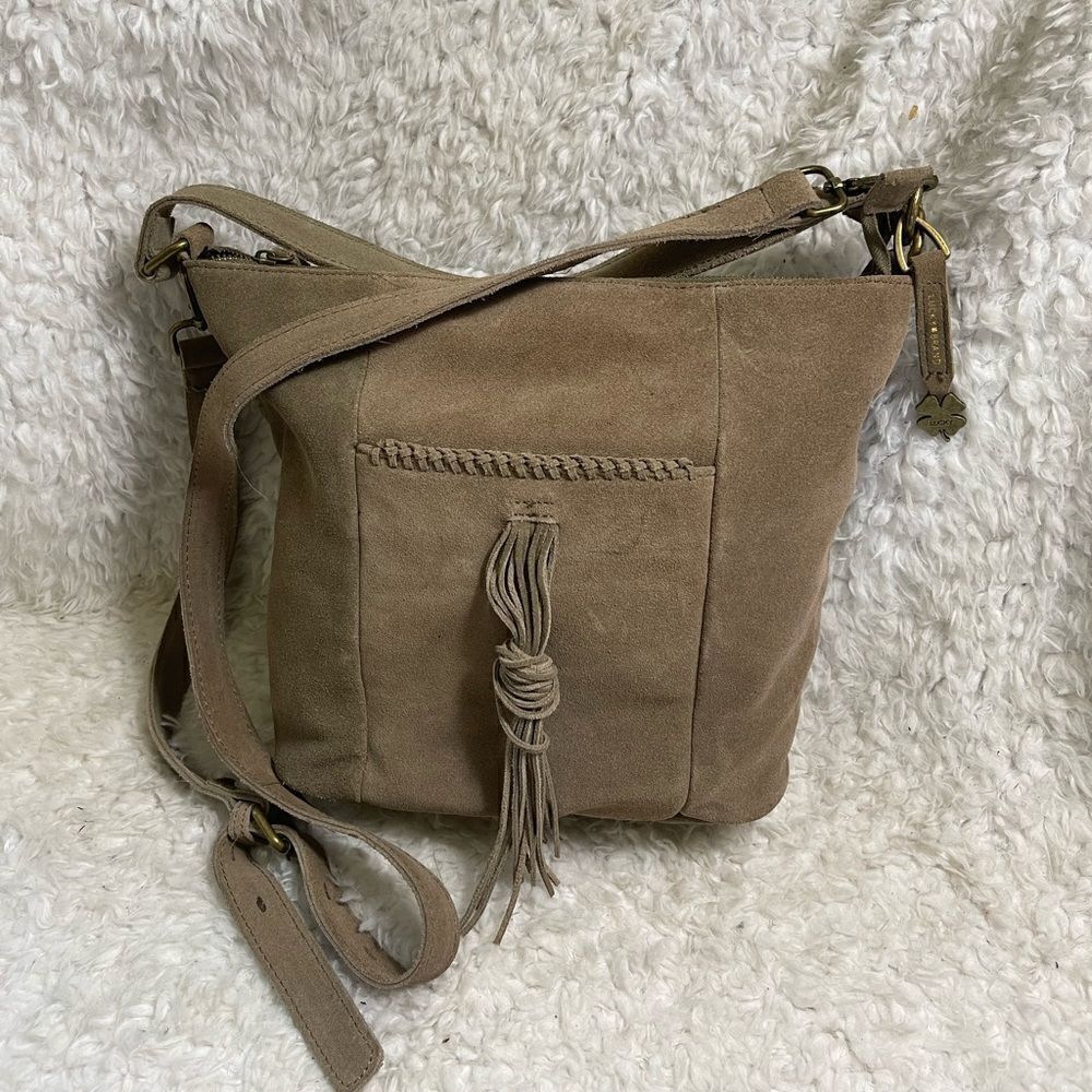 LUCKY BRAND CARMEN Khaki SUEDE LEATHER Shoulder Crossbody antique tone hardware